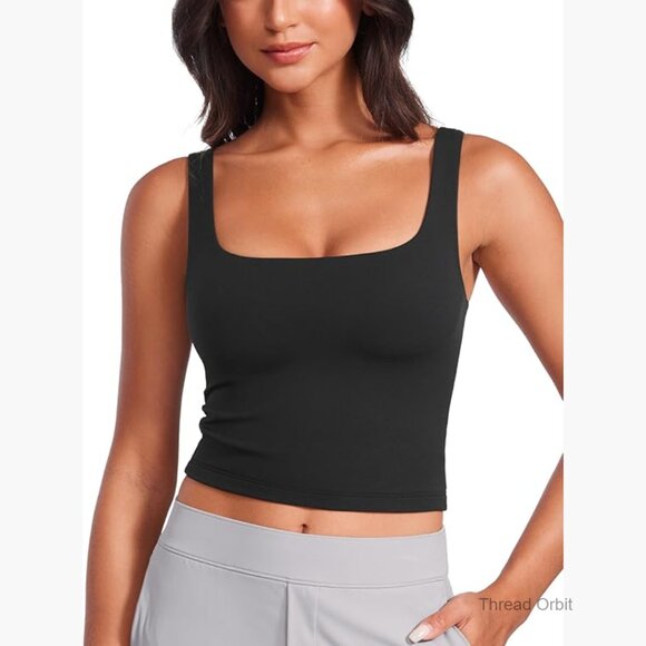 Double-Lined Cropped Tank Top Butterluxe Fabric Square Neck Workout Casual